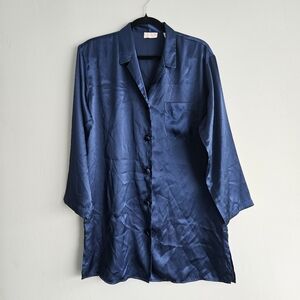 Silky Blue Long Sleep Shirt Fabric Buttons Cozy Nightgown Oversized Pjs